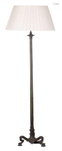 A patinated bronze Pompeian revival floor lamp, with a milk glass innerlamp, H 167 - Diameter 60 cm