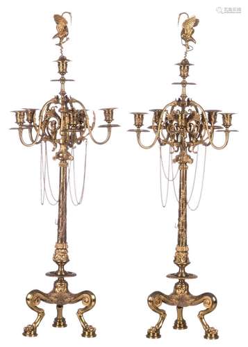 A pair of gilt bronze Historism candlesticks, H 81,5 cm