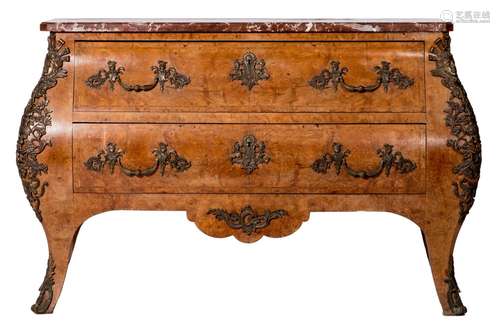 A French régence style commode, burl veneer with bronze mounts and a rouge royal marble top, H 93 - W 143 - D 55 cm