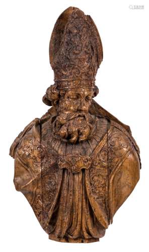 A bust of a bishop, walnut, 17th/18thC, H 107 cm