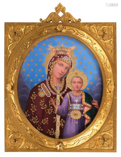 A polychrome decorated and enamelled porcelain icon depicting the Virgin and child, Eastern Europe, with a gilt bronze reza, 35 x 41 cm and H 6 cm extra for the hanging facility