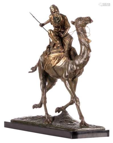 Drouot Ed., an Arabian warrior on a camel, bronze and gilt bronze on a marble base, H 53 - W 60 - D 15 cm (without base)