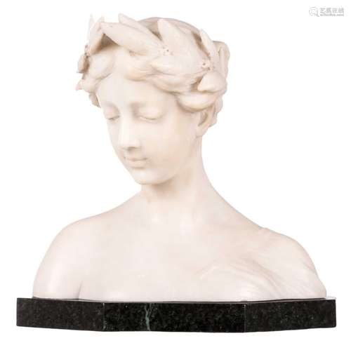 Battiglia E., a Carrara marble bust of a girl, on a marble base, H 29 (without base) - 32 cm (with base)