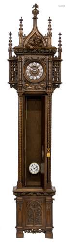 An exceptional French oak Gothic revival tallcase clock in so-called 'Style Troubadour', centrally sculpted the arms of Lorraine, H 291 - W 70 - D 45 cm