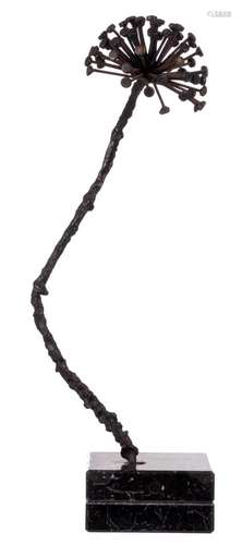 Indistinctly signed, untitled, a wrought iron sculpture on a grey marble base, H 49 cm