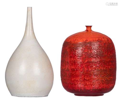 Two 60's glazed terracotta decorative vases, marked Amphora, H 37 - 47 cm