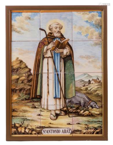 A tile panel depicting St. Anthony, 19thC, 58 x 79 cm (damage)