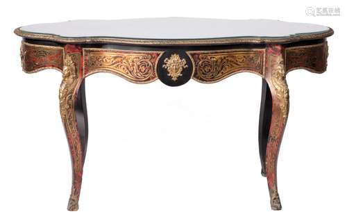 A French oval Boulle centre table with bronze mounts and glass top, 19thC, H 77 - W 145 - D 88 cm