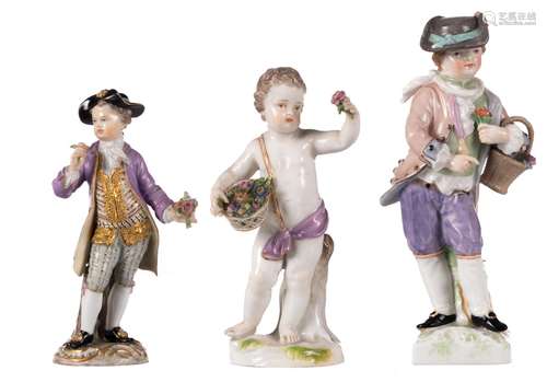 An 18thC Meissener polychrome decorated figure, Model Nr. 62, H 12 cm; added a ditto figure, mid 19thC, H 13 cm; extra added a ditto figure, with a Berlin mark, H 15,7 cm