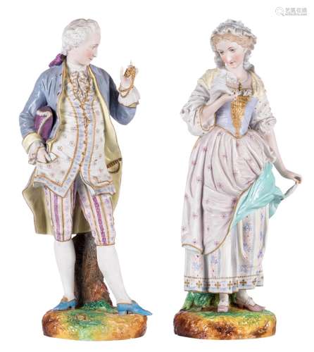 An elegant Victorian couple, polychrome decorated biscuit, H 43 cm