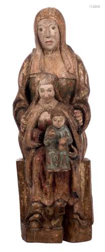 Saint Anne, with the Virgin and Child, polychrome painted oak, probably 14th - 15thC, H 87 cm