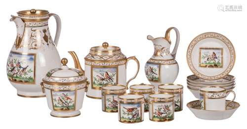 A coffee and tea service in Brussels porcelain with polychrome decor of the Buffon type, H 2,7 - 23 cm