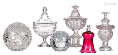 Three cut crystal drageoirs, first half of the 19thC; added three glass and crystal items, H 12 - 24 cm