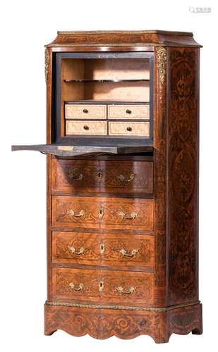 A mahogany veneered and marquetry ladies secretaire à abattant, French transitional style, white marble top, late 19thC, H 127 - W 64 - D 37 cm