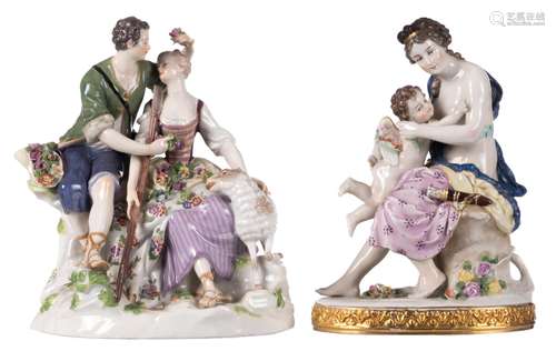 An Arcadian group in polychrome decorated Meissener porcelain, H 19 cm (group manufactured on the occasion of the 200th anniversary of the production); added a Venus and Amor, marked Volkstedt-Rudolstadt, H 20 cm (minor damage)