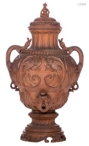 A terracotta wine fountain, overall decorated with Renaissance ornamental motives and on top a chinoiserie, probably French, 19thC, H 105 cm