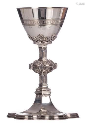 A silver Gothic revival chalice, offered by the parents on the occasion of the priesthood dedication of Robert Caesens 21 December 1901, German hallmarks, H 22,6 cm - Total weight: 538g