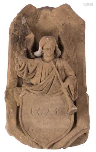 A French sandstone console with the image of an angel and dated 1623, H 61 - W 36 - D 33,5 cm