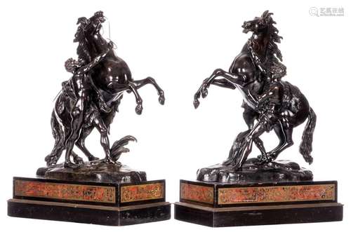 Coustou (after Guillaume Coustou), two Marley horses, patinated bronze, the bases decorated with Boulle marquetry, H 58 (without base) - 72 cm (with base) - W 49,5 cm - D 22 cm