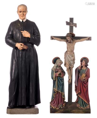 A polychrome painted gypse statue of St. Franciscus Xaverius; added a ditto Golgotha group, H 124,5 - 141 cm