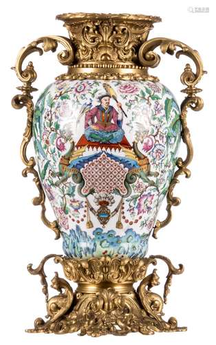 A fine porcelain vase with French bronze mounts, decorated with Oriental figures, 19thC, H 53,5 cm