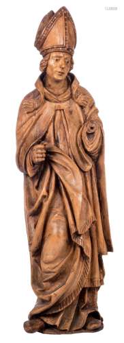 A statue of a Bishop, some traces op polychrome paint, probably Flemish, 17thC, H 140 cm