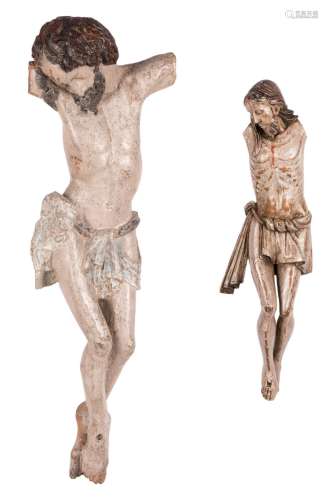 An 18thC polychrome painted limewood Corpus Christi, H 89 cm; added an early 18thC polychrome painted limewood Corpus Christi, H 62 cm