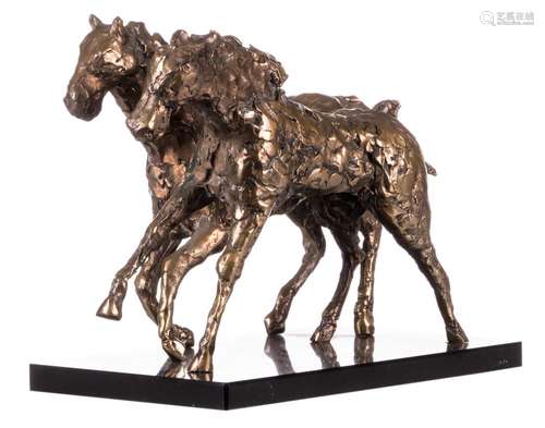 Florizoone P., two bronze horses on a marble base, H 24 cm