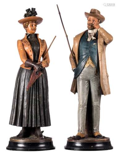 A charming terracotta Belle Epoque couple, polychrome painted, H 78 cm (some damage)