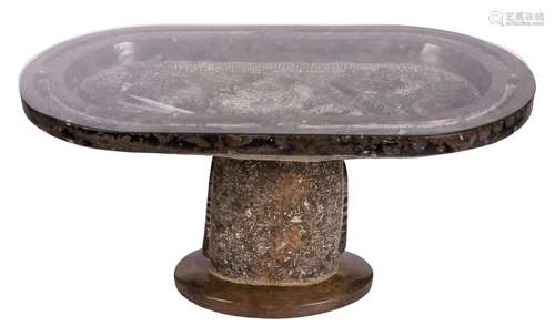 A marble design table, trompe-l'oeil decorated and glass covered, H 67 - W 140 - D 75,5 cm