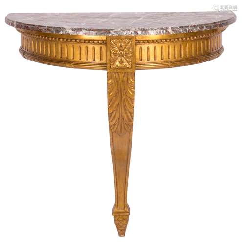 A Neoclassical crescent shaped gilt wall console with rouge royal marble top, H 86,5 - D 42 cm