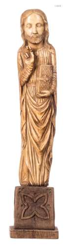 Our Lord with bible, patinated ivory on a wooden Gothic revival base, probably workshop Heckman Paris, early 20thC, H 55,5 (without base) - 71,5 cm (with base) - Total weight about 8200g