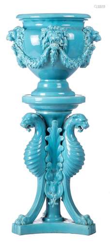 A French belle époque turquoise glazed jardinière on base, H 121 cm