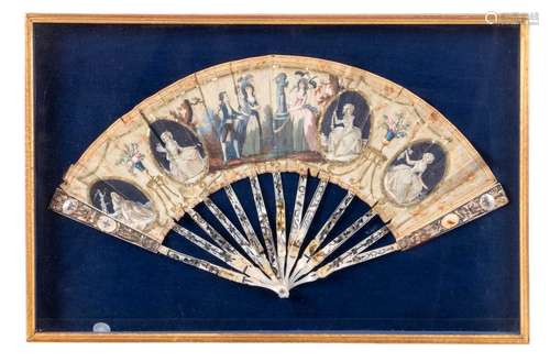 A pearl with marquetry and painted silk hand fan, centrally a love scene and in the four cartouches the four seasons, embroidery with gilt patches, last quarter of the 18thC, revolutionary period, H 28 - W 53 cm