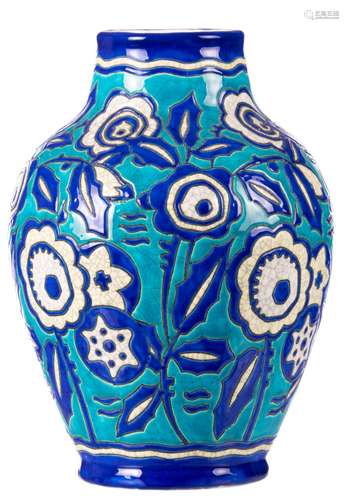 A blue enamelled earthenware Art Deco vase, marked Boch - Keramis, Catteau studio, serial nr. D1425, H 29,8 cm