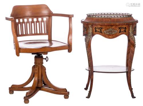 An early Rococo style jardinière with marquetry and bronze mounts, late 19thC, H 79 - W 56 cm; added an American desk chair, 30s, H 85 - W 62 cm