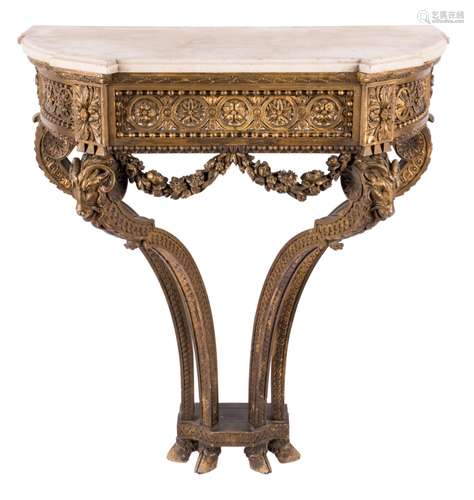 A richly sculpted and gilt Neoclassical console, white marble top, France, 18thC, H 91 - W 79,5 - D 40,5 cm