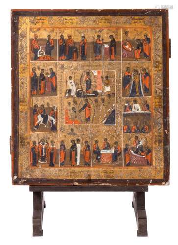 A Russian icon with scenes from Christ's life, with accompanying support, 19thC, 39,6 x 44,2 cm