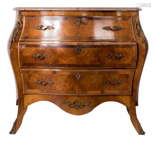 A mahogany and rosewood veneered French Rococo style commode, bronze mounts and a rouge imperiale marble top, H 80 - W 91 - D 49 cm