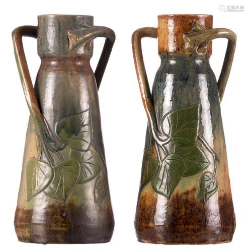 A pair of typical Flemish earthenware vases in the Arts and Crafts manner, marked MPT (Maes-Platteau Torhout), H 35,5 cm