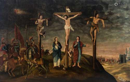 Defoer F., a calvary, oil on canvas, dated 1820, with a reference to the commisioner, 100 x 158 cm