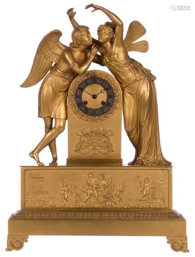 A patinated and gilt bronze pendulum depicting Amor and Psyche, second quarter of the 19thC, H 52 - B 37 cm