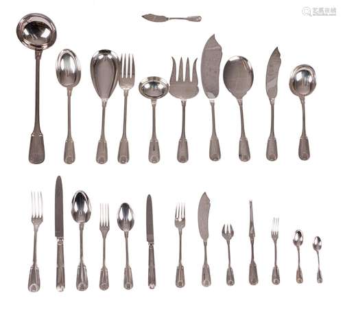 A 183-piece Neoclassical silver cutlery and serving cutlery, makers mark Bruno Wiskemann Brussel, 800/000 and 835/000, barely used - Total silver weight: about 8860g. Matches perfectly in model with the previous lot (563).