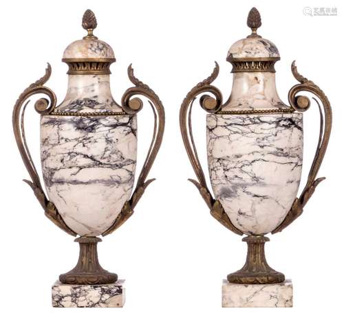 A pair of late 19thC marble cassolettes, H 56 cm (damage)