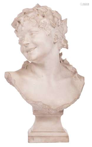 Unsigned, the bust of Bacchus, in the Carpeaux manner, white Carrara marble, 19thC, H 60 cm