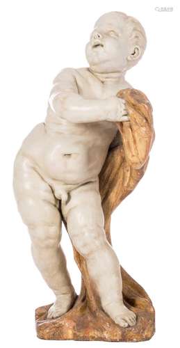 A large polychrome wooden baroque putto, 17thC, H 102,5 - B 44 cm