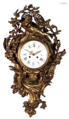 A Historism gilt bronze wall clock in Rococo style, the dial marked (Costens à Paris...?), H 66 cm