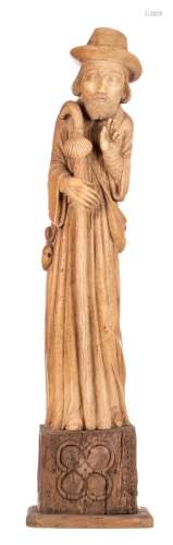 Saint Jacob, patinated ivory on a wooden Gothic revival base, probably workshop Heckman Paris, early 20thC, H 71 (without base) - 88 cm (with base) - Total weight about 13100g