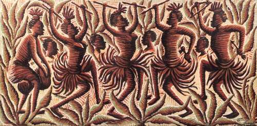 Mwenze K., dancers, oil on canvas, dated (19)67, 87 x 172 cm