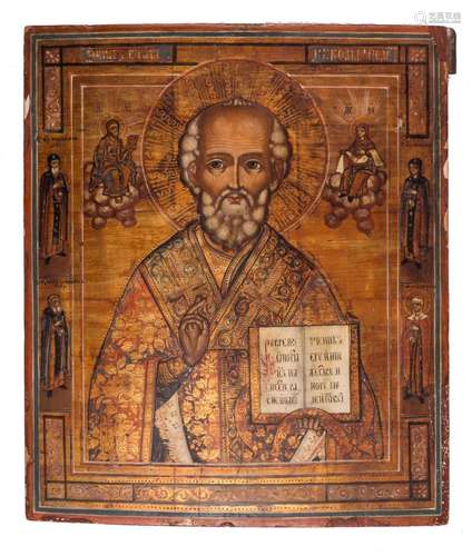 An Eastern European icon depicting St. Nicholas, first half of the 19thC, with certificate by Prof. Voordeckers, 34,8 x 40,6 cm